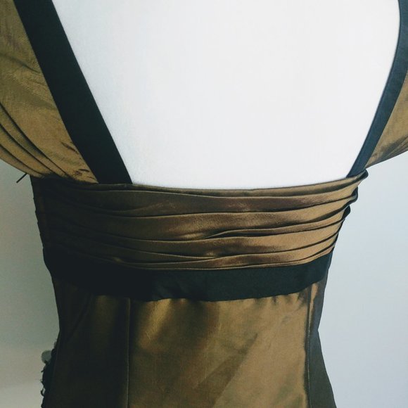 Y2K Olive & Black  Taffeta Satin Floral Applique Blouse Cap Sleeves Square Neck - Picture 8 of 9